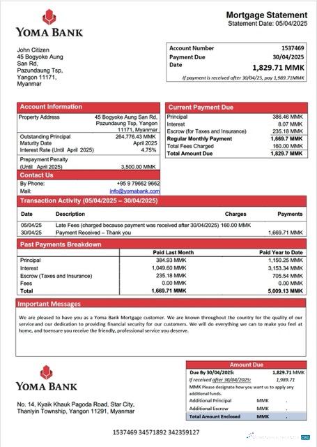 Download Myanmar Yoma Bank mortgage statement Word and PDF template Photoshop template